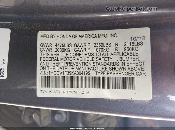 1HGCV1F39KA004195 2019 HONDA ACCORD Gray Vista del compartimento del motor