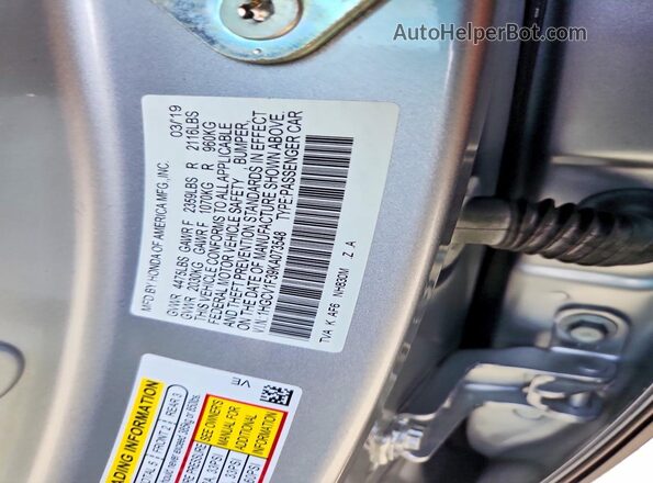 1HGCV1F39KA073548 2019 HONDA ACCORD Silver Вид підкапотного простору