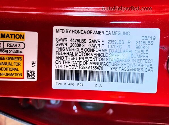 1HGCV1F39KA165470 2019 HONDA ACCORD Red Widok naklejki z numerem VIN