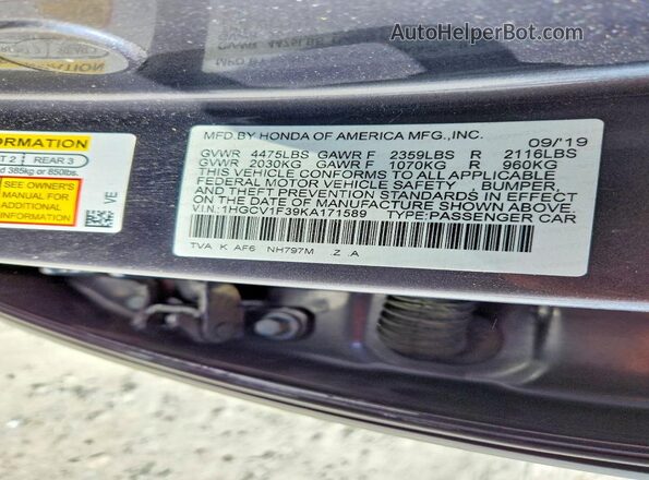 1HGCV1F39KA171589 2019 HONDA ACCORD Gray ძრავის განყოფილების ხედი