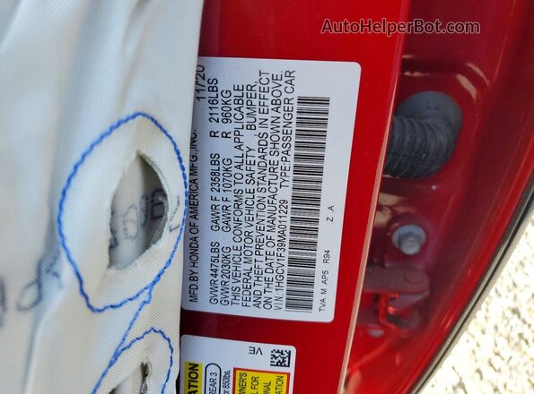 1HGCV1F39MA011229 2021 HONDA ACCORD Red Շարժիչի բաժամունքի տեսք