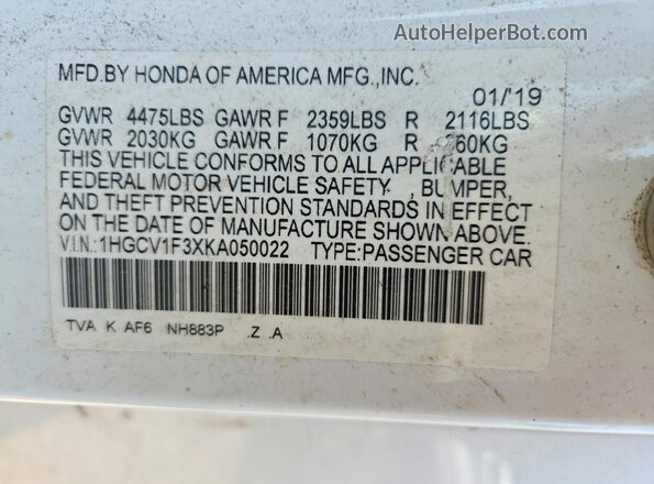 1HGCV1F3XKA050022 2019 HONDA ACCORD White Вид наклейки з VIN-кодом
