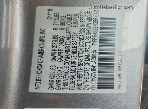1HGCV1F41JA099455 2018 HONDA ACCORD Silver Vista de la etiqueta del VIN