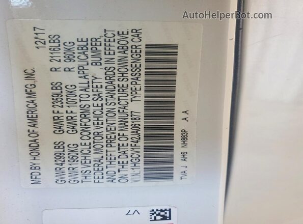 1HGCV1F42JA061877 2018 HONDA ACCORD White VIN կոդի պիտակի տեսք