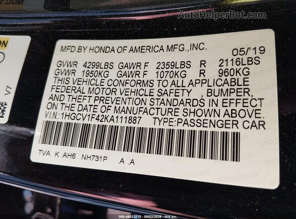 1HGCV1F42KA111887 2019 HONDA ACCORD Black Вид підкапотного простору