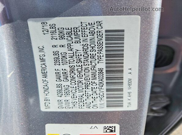 1HGCV1F43KA033846 2019 HONDA ACCORD Silver Vista del compartimento del motor