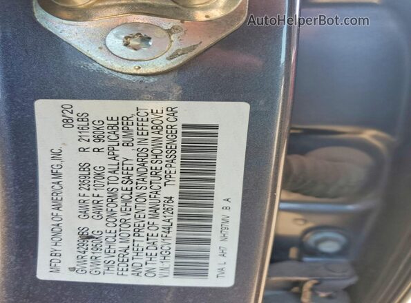 1HGCV1F44LA126764 2020 HONDA ACCORD Gray ძრავის განყოფილების ხედი