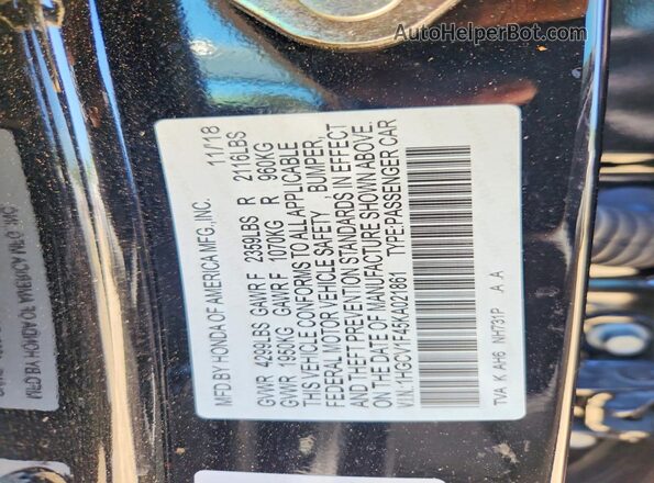 1HGCV1F45KA021861 2019 HONDA ACCORD Black Вид наклейки з VIN-кодом