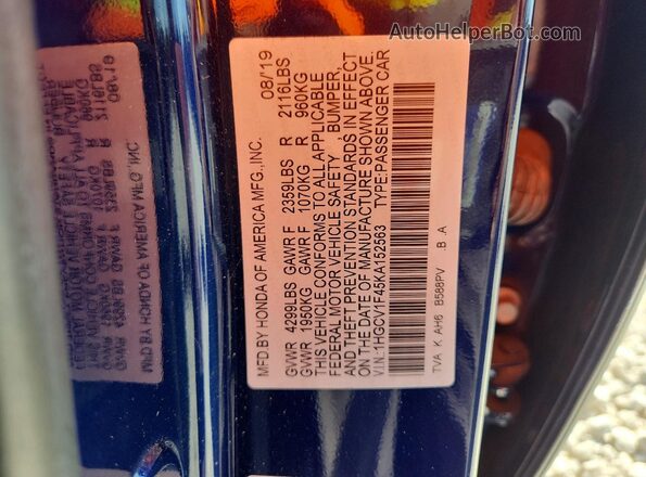 1HGCV1F45KA152563 2019 HONDA ACCORD Blue Вид підкапотного простору
