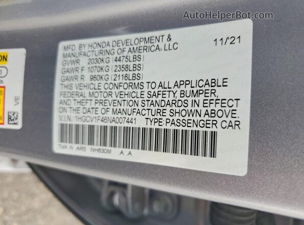 1HGCV1F46NA007441 2022 HONDA ACCORD Silver Vista del compartimento del motor