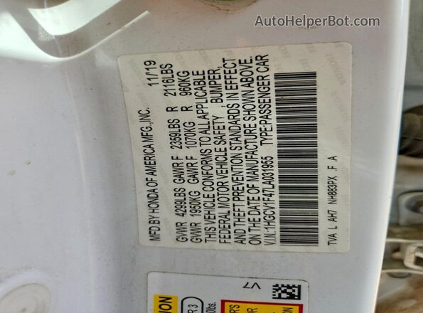 1HGCV1F47LA031955 2020 HONDA ACCORD White Vista del compartimento del motor