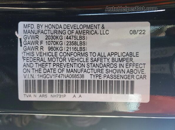 1HGCV1F47NA068538 2022 HONDA ACCORD Black Vista del compartimento del motor
