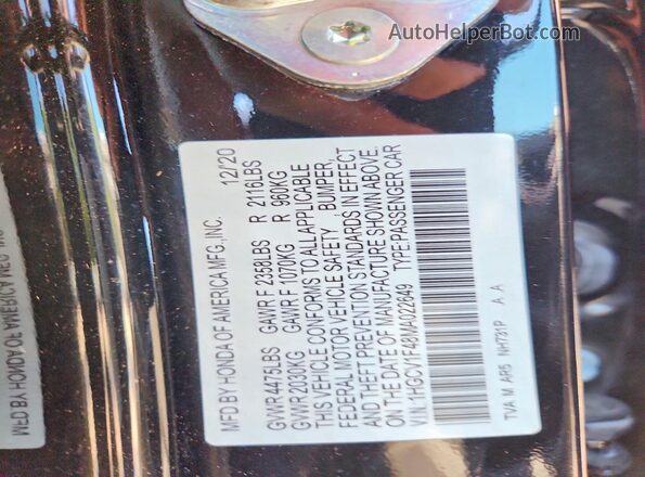 1HGCV1F48MA022649 2021 HONDA ACCORD Black Widok naklejki z numerem VIN