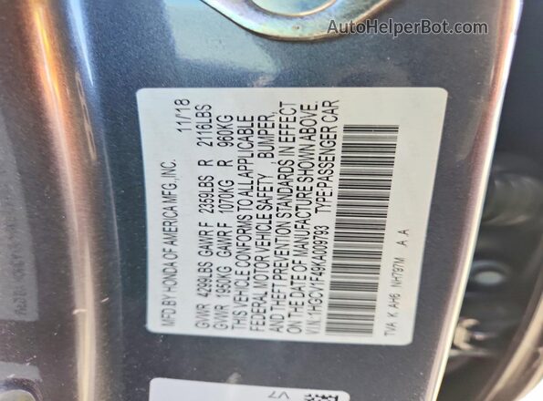 1HGCV1F49KA009793 2019 HONDA ACCORD Gray ძრავის განყოფილების ხედი