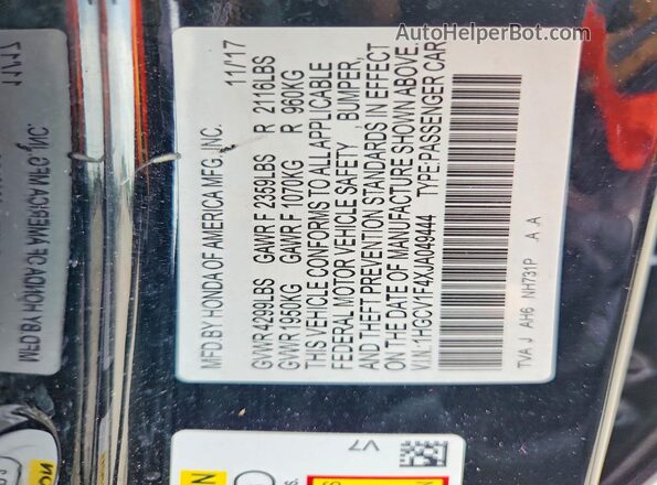 1HGCV1F4XJA049444 2018 HONDA ACCORD Black Вид наклейки з VIN-кодом