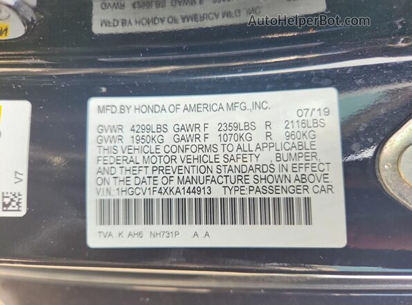 1HGCV1F4XKA144913 2019 HONDA ACCORD Черный Вид подкапотного пространства