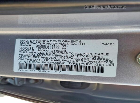 1HGCV1F4XMA068242 2021 HONDA ACCORD Silver Շարժիչի բաժամունքի տեսք
