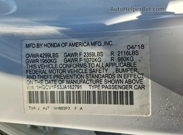 1HGCV1F53JA162791 2018 HONDA ACCORD White Widok komory silnika