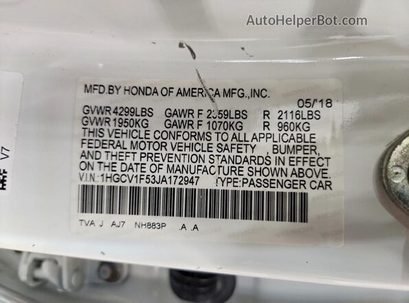 1HGCV1F53JA172947 2018 HONDA ACCORD White ძრავის განყოფილების ხედი