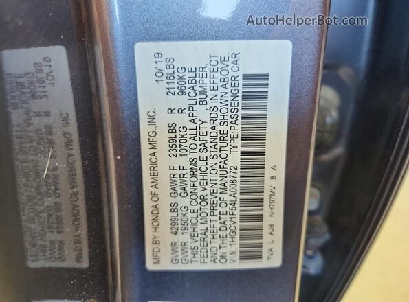 1HGCV1F54LA008772 2020 HONDA ACCORD Gray Engine compartment view