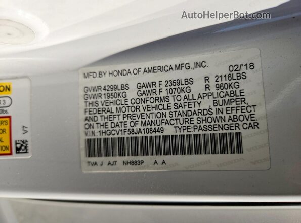 1HGCV1F58JA108449 2018 HONDA ACCORD White VIN sticker view