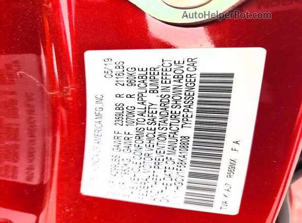 1HGCV1F58KA108808 2019 HONDA ACCORD Red Շարժիչի բաժամունքի տեսք