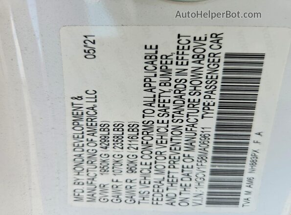 1HGCV1F58MA069611 2021 HONDA ACCORD White Вид підкапотного простору