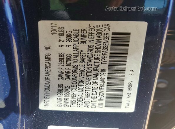 1HGCV1F64JA010219 2018 HONDA ACCORD Blue Vista del compartimento del motor