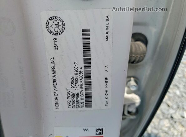 1HGCV1F90KA805814 2019 HONDA ACCORD White VIN კოდის სტიკერის ხედი