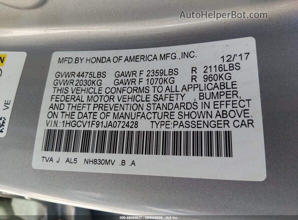 1HGCV1F91JA072428 2018 HONDA ACCORD Gray ძრავის განყოფილების ხედი