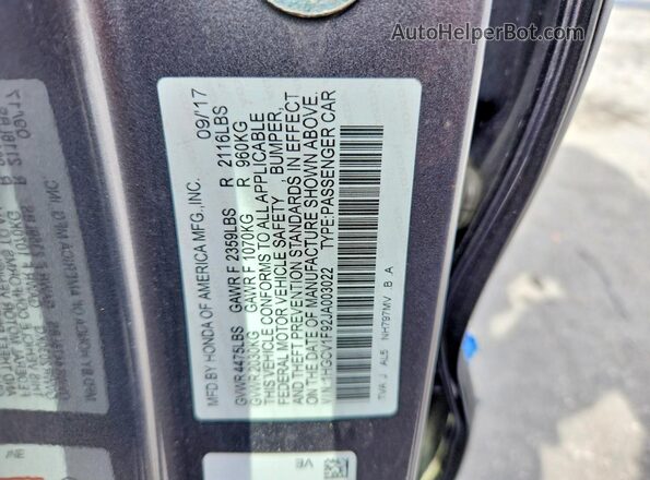 1HGCV1F92JA003022 2018 HONDA ACCORD Blue Vista del compartimento del motor