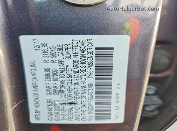 1HGCV1F93JA076786 2018 HONDA ACCORD Gray Вид підкапотного простору