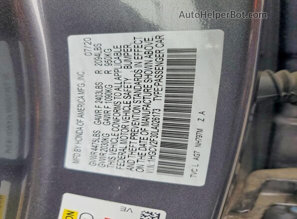 1HGCV2F30LA026173 2020 HONDA ACCORD Gray ძრავის განყოფილების ხედი