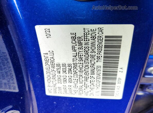 1HGCV2F30NA019730 2022 HONDA ACCORD Blue Widok naklejki z numerem VIN