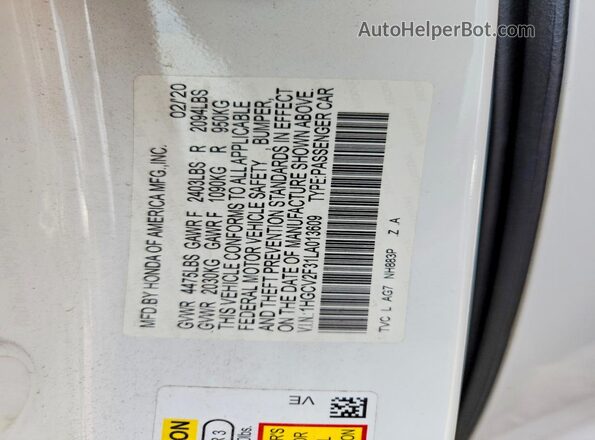 1HGCV2F31LA013609 2020 HONDA ACCORD Белый Вид наклейки с VIN-кодом