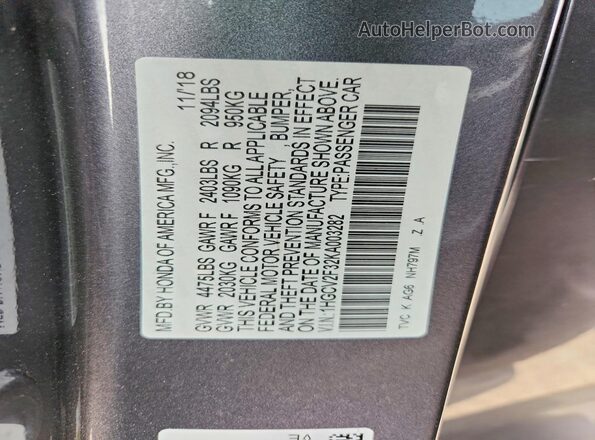 1HGCV2F32KA003282 2019 HONDA ACCORD Серый Вид наклейки с VIN-кодом