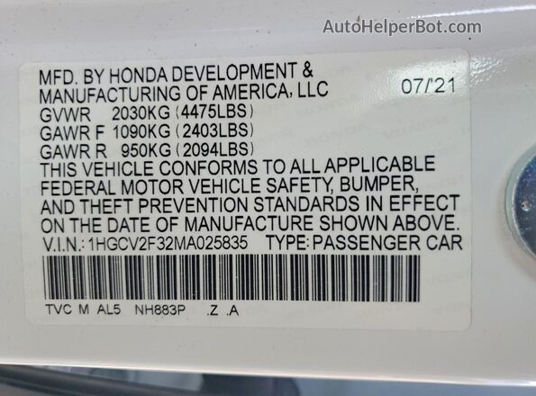 1HGCV2F32MA025835 2021 HONDA ACCORD White Вид підкапотного простору