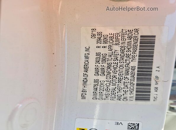 1HGCV2F33JA051405 2018 HONDA ACCORD White Vista del compartimento del motor