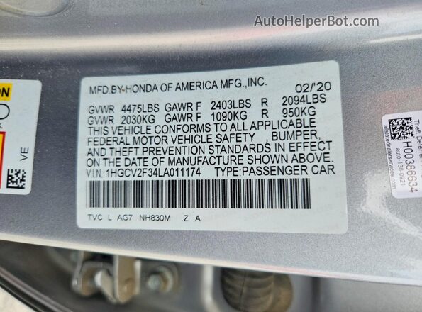 1HGCV2F34LA011174 2020 HONDA ACCORD Silver ძრავის განყოფილების ხედი