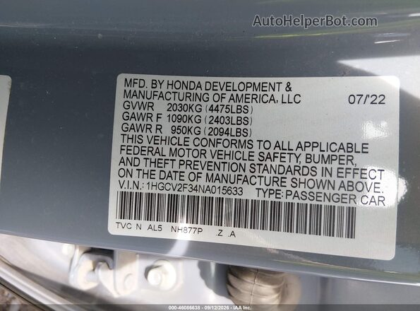 1HGCV2F34NA015633 2022 HONDA ACCORD Blue Engine compartment view