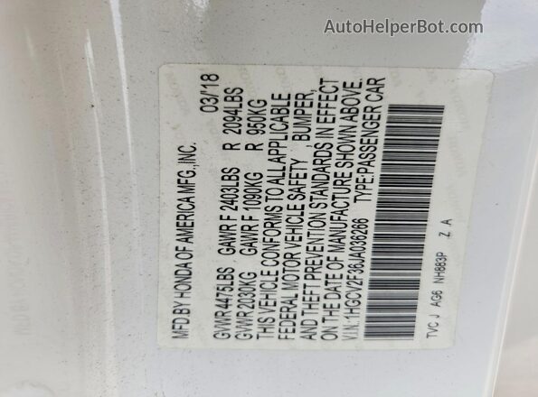 1HGCV2F36JA036266 2018 HONDA ACCORD White Widok naklejki z numerem VIN