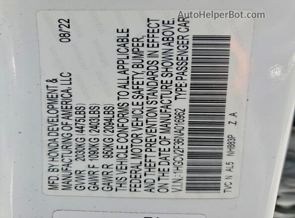 1HGCV2F36NA016962 2022 HONDA ACCORD White Widok komory silnika