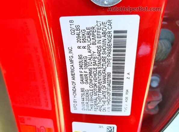 1HGCV2F37JA027060 2018 HONDA ACCORD Red Widok komory silnika