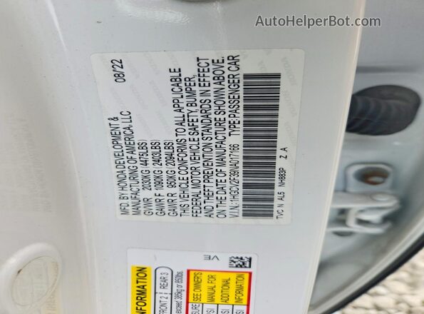1HGCV2F39NA017166 2022 HONDA ACCORD White Widok naklejki z numerem VIN