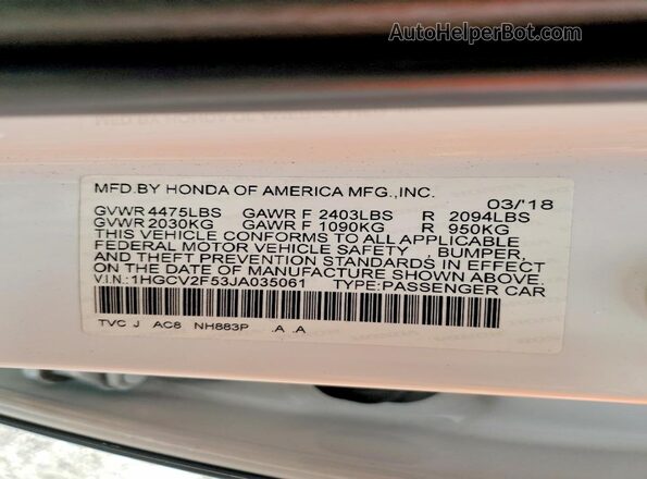 1HGCV2F53JA035061 2018 HONDA ACCORD White Widok komory silnika
