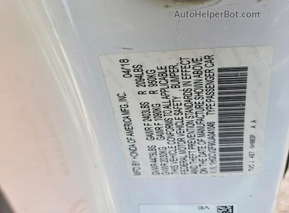 1HGCV2F90JA041046 2018 HONDA ACCORD White Engine compartment view