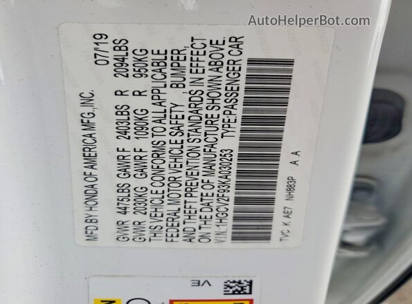 1HGCV2F93KA030253 2019 HONDA ACCORD White ძრავის განყოფილების ხედი