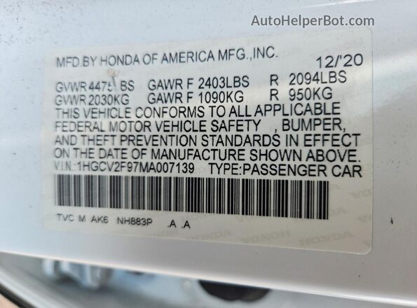 1HGCV2F97MA007139 2021 HONDA ACCORD White Вид наклейки з VIN-кодом