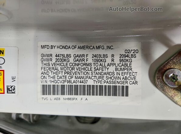 1HGCV2F98LA014437 2020 HONDA ACCORD White Vista del compartimento del motor