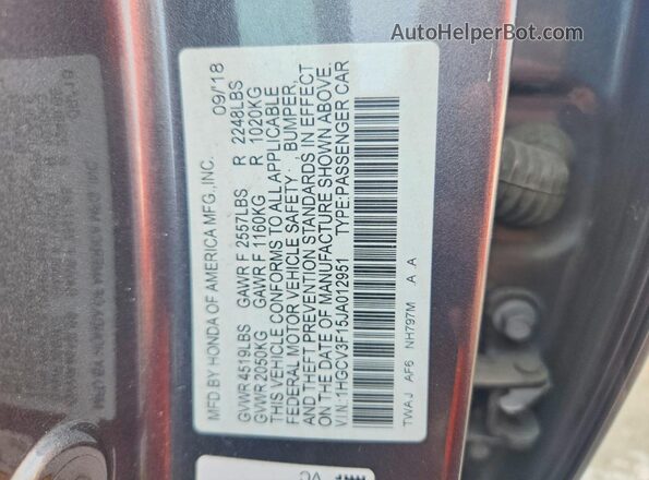 1HGCV3F15JA012951 2018 HONDA ACCORD Gray Շարժիչի բաժամունքի տեսք